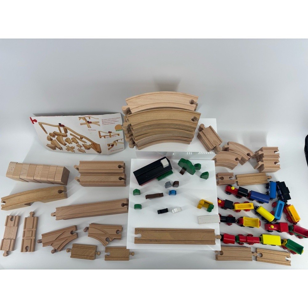 Vintage BRIO Wooden Railway Train Set 120 Piece Lot Sweden Track People Animals